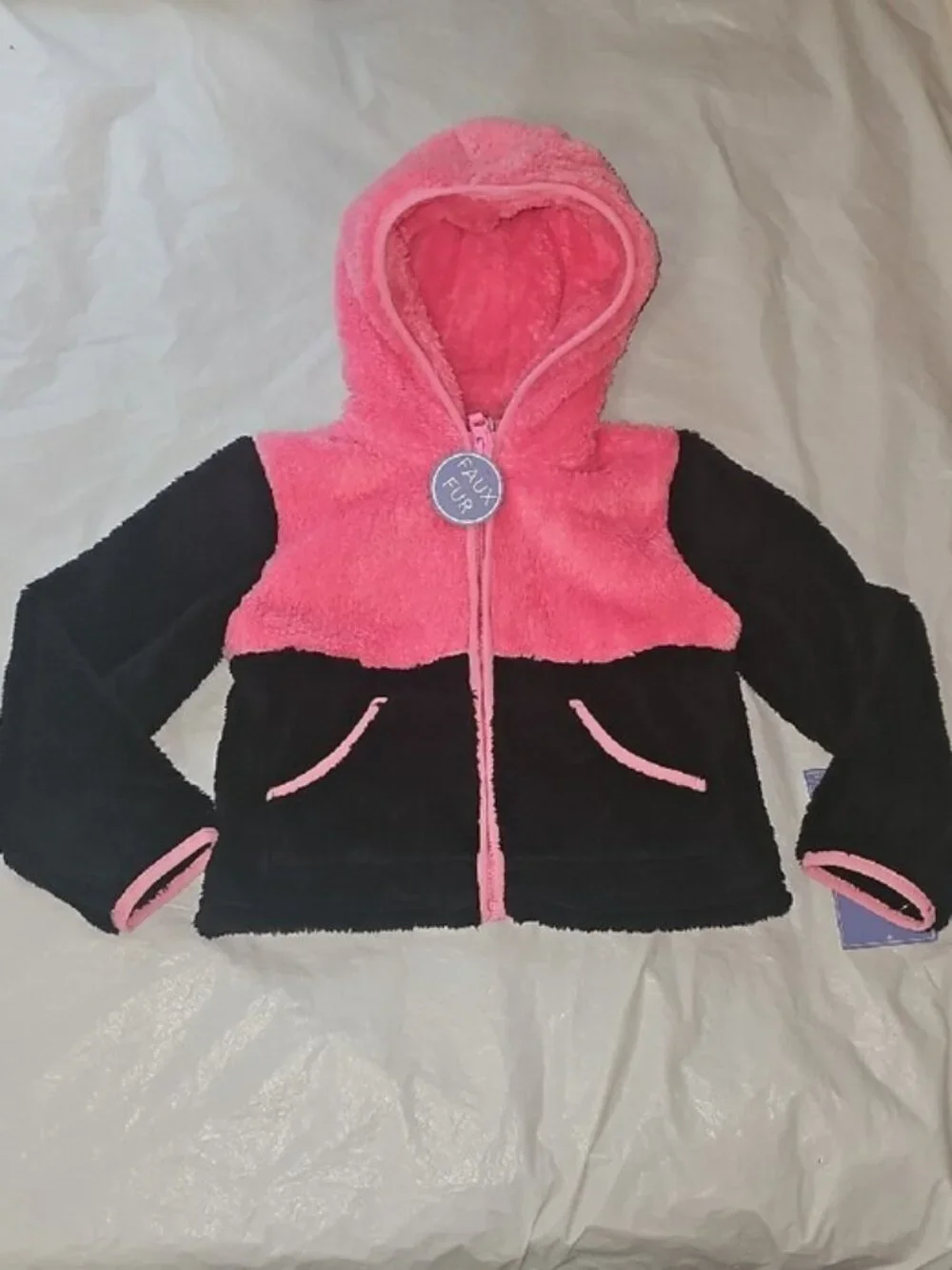 Weather Club Girls L 6X Pink Black Faux Fur Zippered Hooded Jacket w/Pockets New